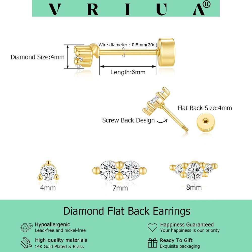 Tiny 14k Gold/Silver Flat Back Stud Earrings For … - image 4